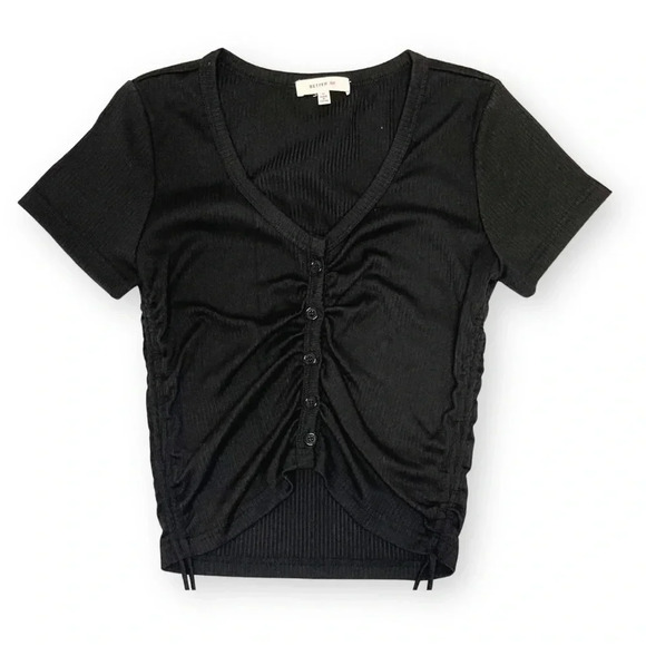 Black Cinched Button Down Crop Top - Picture 1 of 6